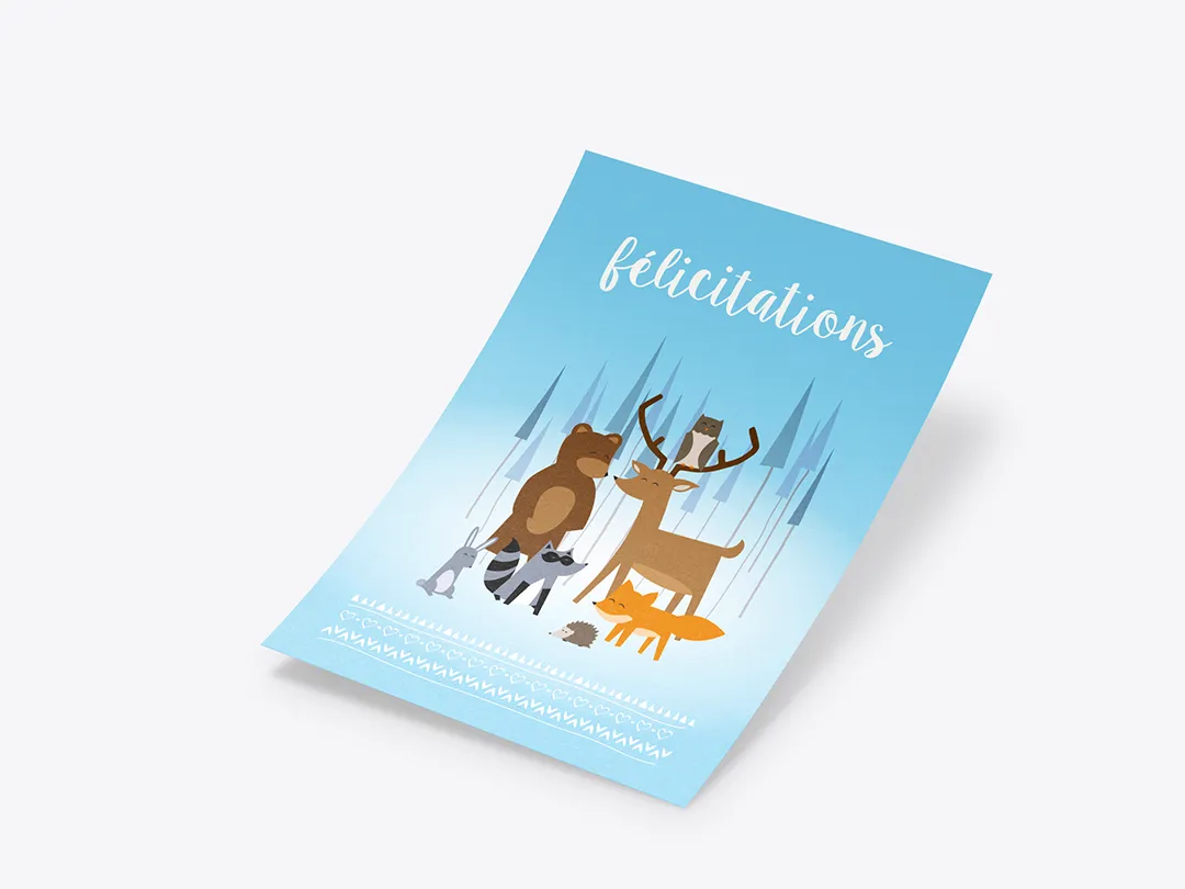 Illustration colorée pour faire-part de naissance avec animaux de la forêt – graphiste en ligne